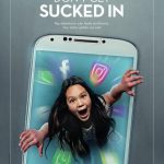 A girl trying to hold on to the edges of a cellphone while apps around her blur like a vortex. Text reads: Don't get sucked in. Pay attention to your family and friends. Your status update can wait.