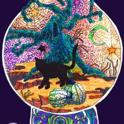 Coloring Book Page of a cat in front of a gnarled green tree and a colorful stippled sky.