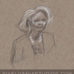 Pencil Sketch of a woman with swoopy white hair and a white necklace