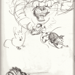 Huge angry cat chasing a mouse, in pencil.