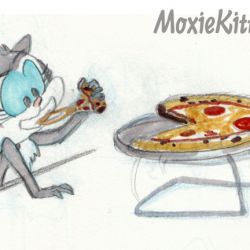 Moxie Kitten eating a cheesy piece of pizza