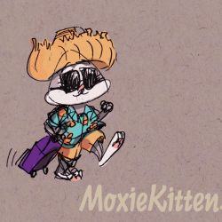 Moxie dressed as a tourist in a straw hat and Aloha shirt,