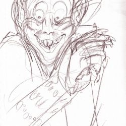 A gleeful nosferatu smiling and clasping his hands