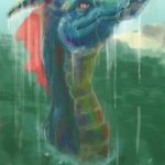 The head and neck of a blue dragon emerge from the ocean