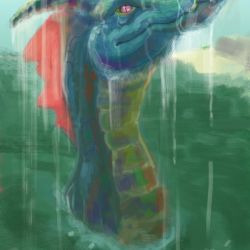 The head and neck of a blue dragon emerge from the ocean