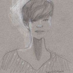 portrait fo a woman on toned paper. She has a very long neck