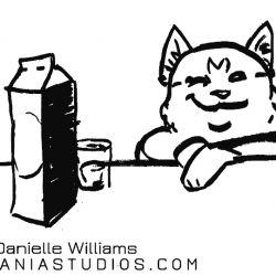 Simple Sharpie drawing of a winking cat next to a shotglass and carton of milk