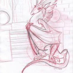 Col-Erase pencil drawing of a dragoness with flutterering eyelashes, crazy big fin hair, and bat wings, in front of some stone stairs