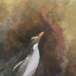 A golden-eyed penguin swims through an abstract sea of gold texture