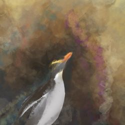 A golden-eyed penguin swims through an abstract sea of gold texture