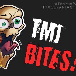 A toony skull with cracks in its jaw screams, "TMJ BITES!!" on a dark background
